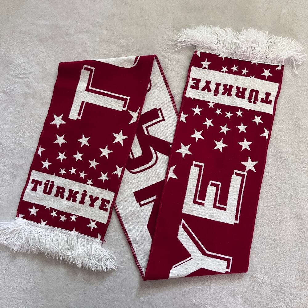 Turkey Turkiye Soccer Style Wool Blend Fan Scarf Red White Fringe Football